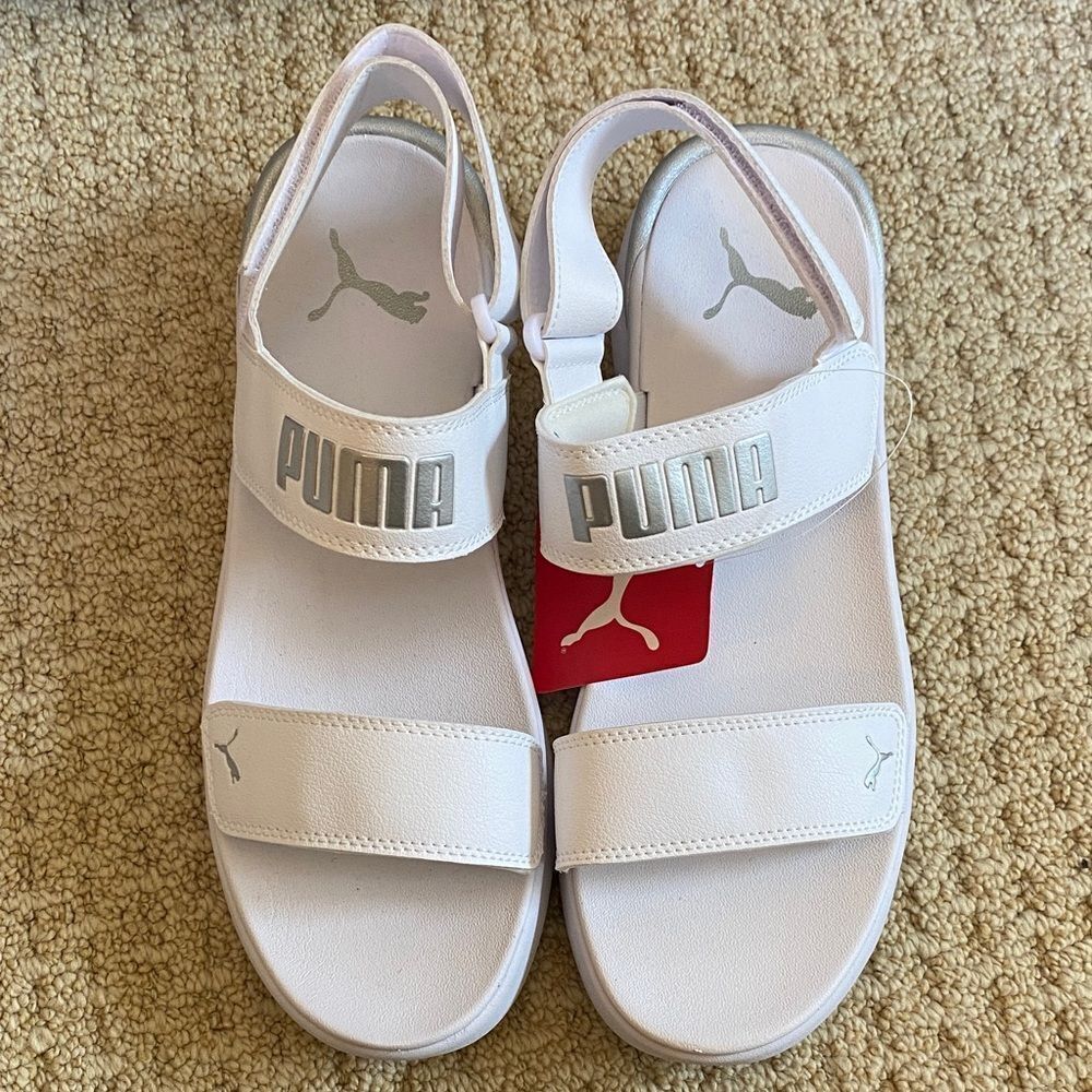 Puma Kids White Sandals with Silver Accents